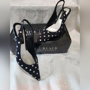 WHBM Black and White Polka Dot Slingback Heels Sz 8.5!